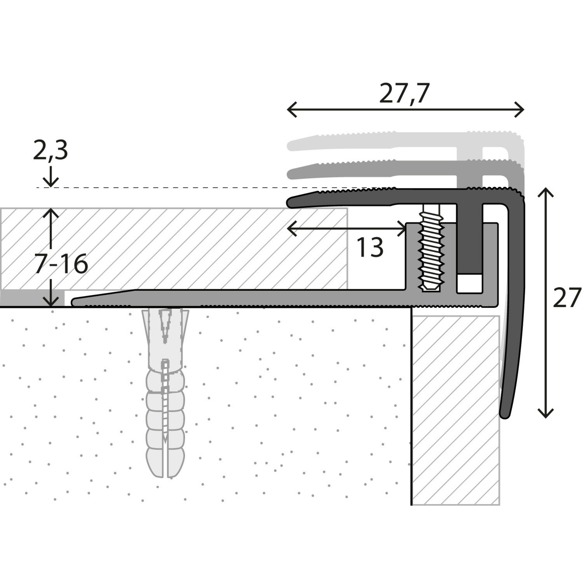 Treppenkantenprofil Aluminium 27x23x1000mm - Geriffelt, Schwarz, Mit Schrauben & Dübeln