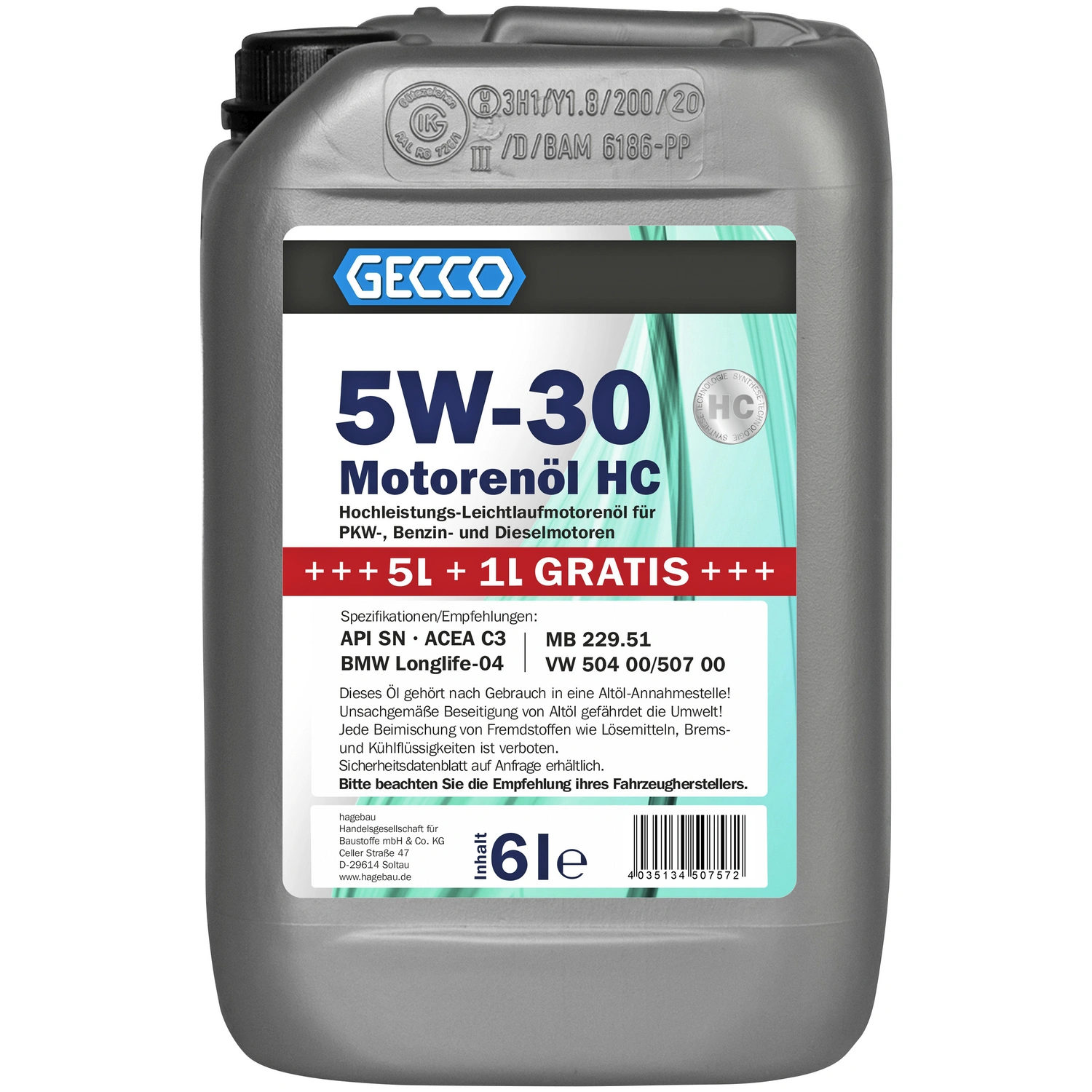 GECCO Motoröl »5W-30«, 6 l, Kanister, für PKW-, Benzin- und Dieselmotoren 