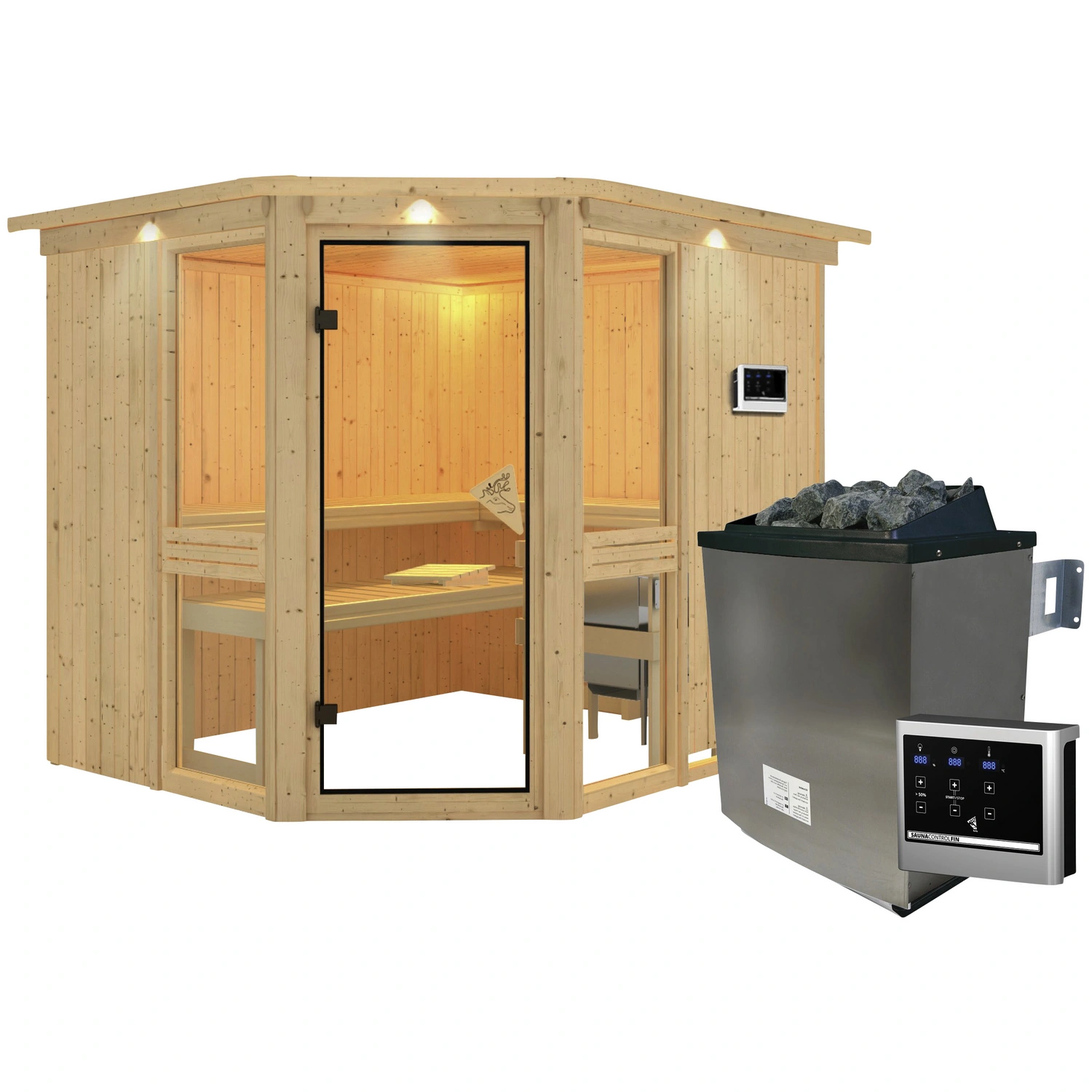 KARIBU Sauna »Pölva 3«, externer inkl. für mit 9 Personen Steuerung, 4 kW Saunaofen