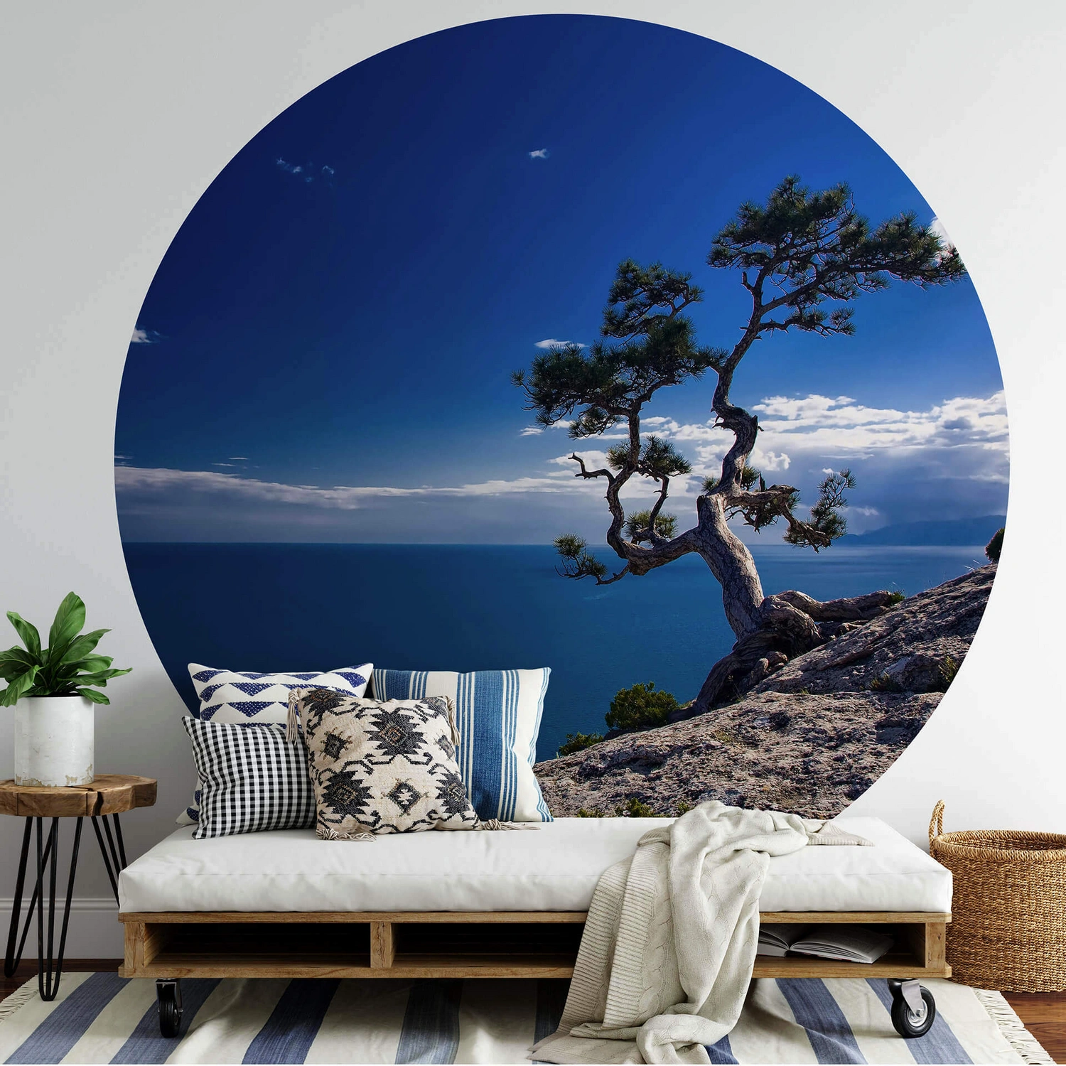 K&L Wall Art Vliestapete »Runde Vliestapete«, Baum am Meer blauer Himmel,  mehrfarbig, matt