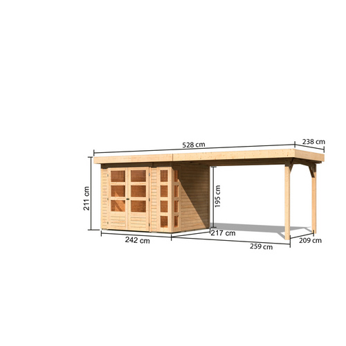 KARIBU Ferienhaus »Kerko 3«, Holz, BxHxT: 497 x 211 x 217 cm (Außenmaße inkl. Dachüberstand) - beige |  Fichte  |  5,07 m²