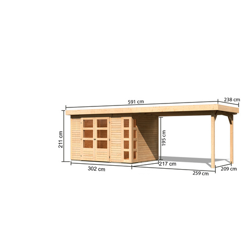 KARIBU Ferienhaus »Kerko 4«, Holz, BxHxT: 561 x 211 x 217 cm (Außenmaße inkl. Dachüberstand) - beige |  Fichte  |  6,35 m²