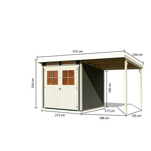 KARIBU Ferienhaus »Glücksburg«, mit Anbaudach, terragrau, BxHxT: 213 x 220 x 236 cm (Außenmaße inkl. Dachüberstand) |  Holz  |  4,45 m²