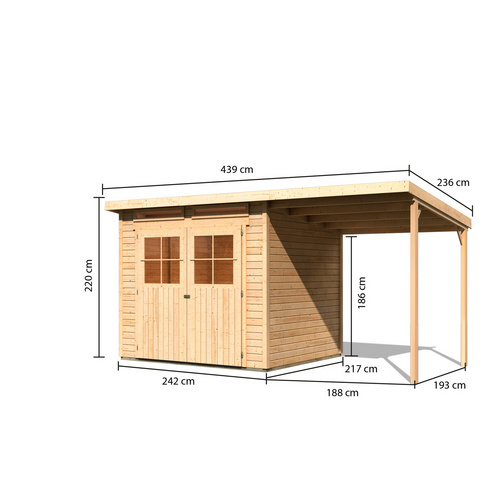 KARIBU Ferienhaus »Glücksburg«, mit Anbaudach, naturbelassen, BxHxT: 242 x 220 x 236 cm (Außenmaße inkl. Dachüberstand) - braun |  Holz  |  5,07 m²
