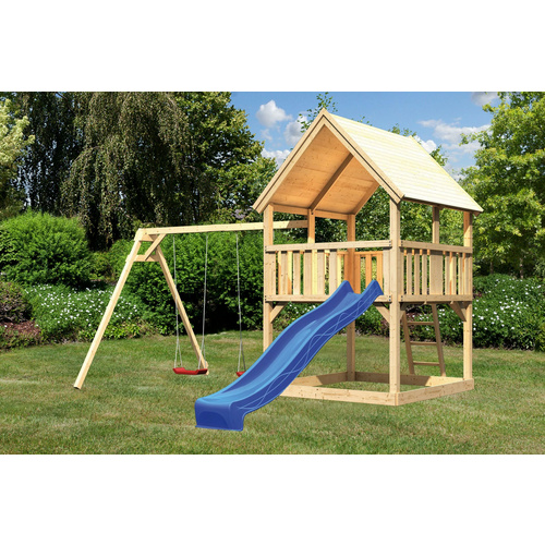 Akubi Kinderspielturm Luis inkl. Wellenrutsche und Doppelschaukelanbau (Set B)-blau - Image 2