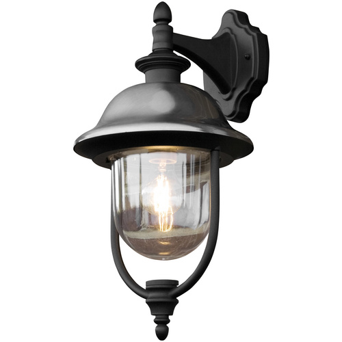 Formvollendete Wandleuchte Parma aus rostfreiem Edelstahl und Aluminium in schwarz mit Acrylglas in klar, E27 Fassung