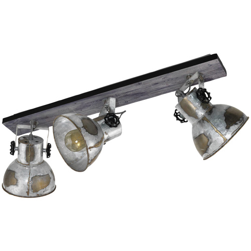 Vintage Deckenleuchte im Industrie-Stil aus Metall und Holz in Schwarz-Silber 3xE27
