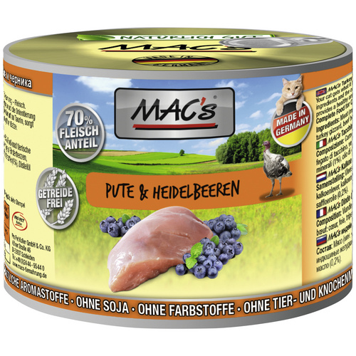 MAC'S Katzen-Nassfutter, Pute/Heidelbeere, 6 x 200 g