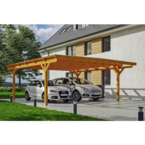 SKANHOLZ Carport »Odenwald«, BxT: 640 x 648 cm, Firsthöhe: 244 cm, lasiert – beige