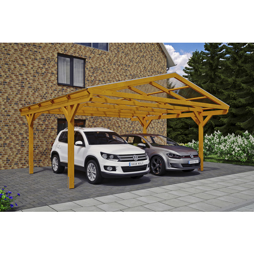 SKANHOLZ Carport »Westerwald«, BxT: 570 x 541 cm, Firsthöhe: 314 cm, lasiert – beige