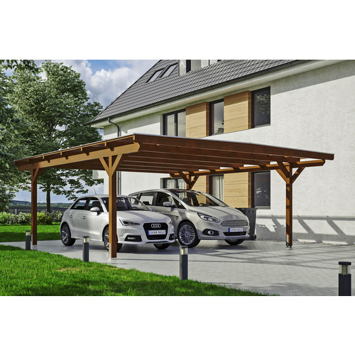 SKANHOLZ Carport »Odenwald«, BxT: 640 x 648 cm, Firsthöhe: 244 cm, lasiert - braun