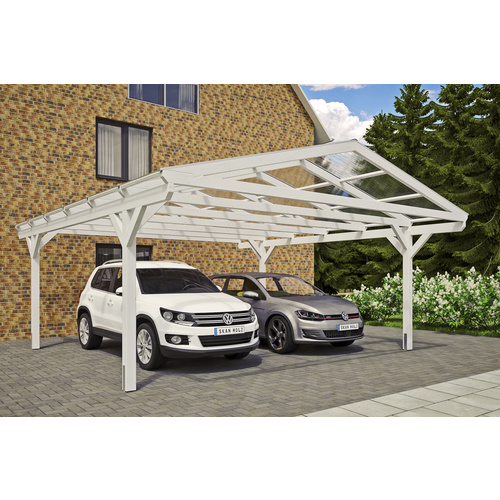 SKANHOLZ Carport »Westerwald«, BxT: 570 x 648 cm, Firsthöhe: 314 cm, lasiert - weiss