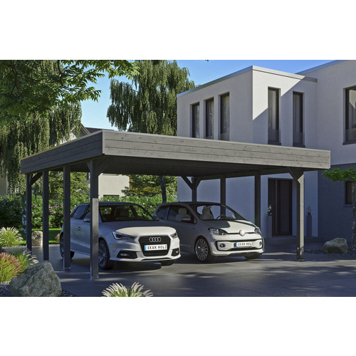 SKANHOLZ Carport »Friesland«, BxT: 557 x 555 cm, Firsthöhe: 254 cm, lasiert - grau