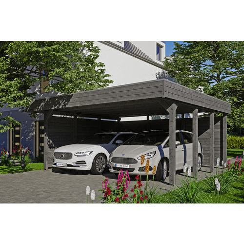 SKANHOLZ Carport »Friesland Set 3«, BxT: 557 x 555 cm, Firsthöhe: 254 cm, lasiert – grau