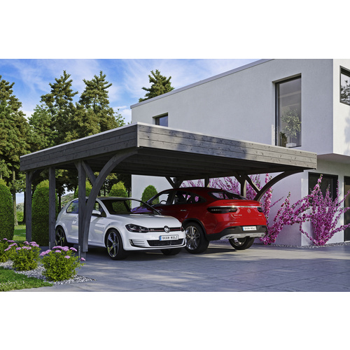 SKANHOLZ Carport »Friesland Set 8«, BxT: 557 x 555 cm, Firsthöhe: 254 cm, lasiert – grau