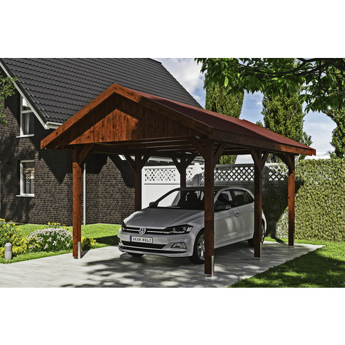 SKANHOLZ Carport »Wallgau«, BxT: 380 x 500 cm, Firsthöhe: 313 cm, lasiert - braun