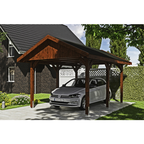 SKANHOLZ Carport »Wallgau«, BxT: 380 x 500 cm, Firsthöhe: 313 cm, lasiert – braun