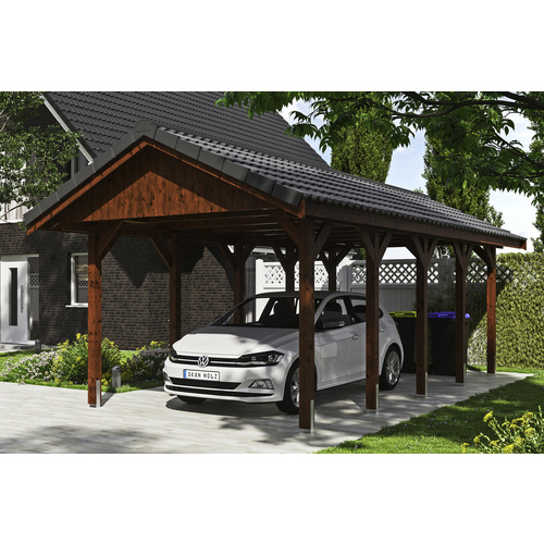 SKANHOLZ Carport »Wallgau«, BxT: 380 x 750 cm, Firsthöhe: 313 cm, lasiert – braun