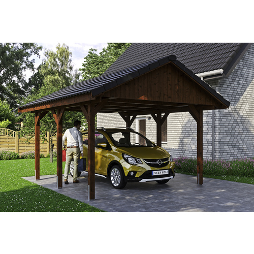 SKANHOLZ Carport »Wallgau«, BxT: 430 x 500 cm, Firsthöhe: 326 cm, lasiert – braun