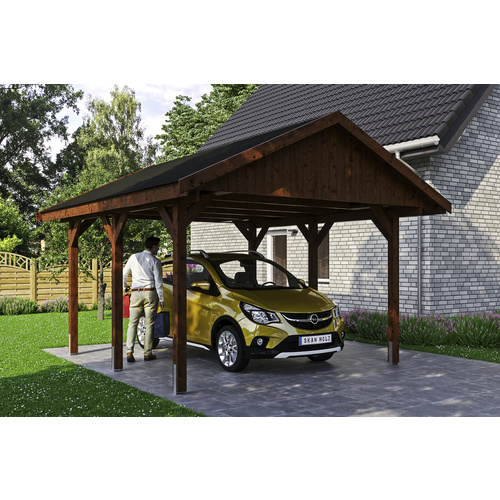 SKANHOLZ Carport »Wallgau«, BxT: 430 x 500 cm, Firsthöhe: 326 cm, lasiert – braun