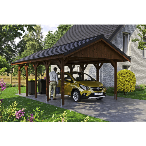 SKANHOLZ Carport »Wallgau«, BxT: 430 x 750 cm, Firsthöhe: 326 cm, lasiert - braun