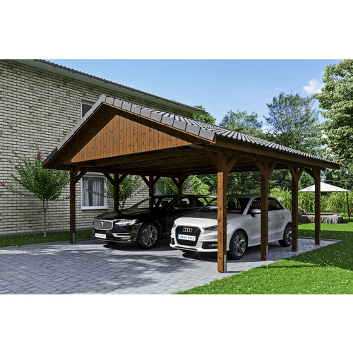 SKANHOLZ Carport »Wallgau«, BxT: 620 x 600 cm, Firsthöhe: 354 cm, lasiert – braun