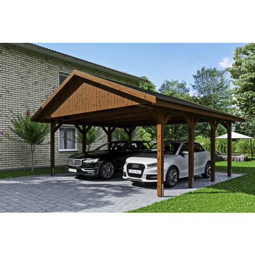 SKANHOLZ Carport »Wallgau«, BxT: 620 x 600 cm, Firsthöhe: 354 cm, lasiert - braun