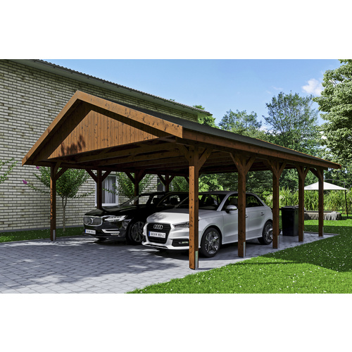 SKANHOLZ Carport »Wallgau«, BxT: 620 x 750 cm, Firsthöhe: 354 cm, lasiert – braun