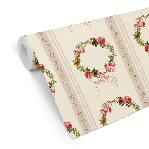 Thumbnail - K&L Wall Art Vliestapete »Vintage Vliestapete«, Rosenkranz gestreifte Rosen, mehrfarbig, matt - bunt