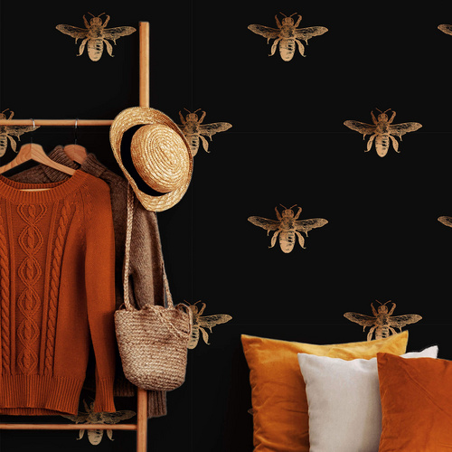 Thumbnail - K&L Wall Art Vliestapete »Vintage Vliestapete«, Biene Retro Schwarz Gold, mehrfarbig, matt - bunt