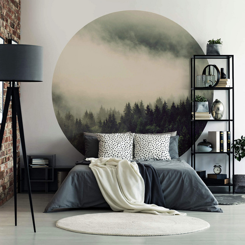 Thumbnail - K&L Wall Art Vliestapete »Runde Vliestapete«, Nebel Wald Tannenwald Natur, mehrfarbig, matt - bunt