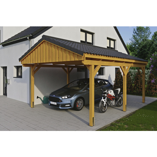 SKANHOLZ Carport »Fichtelberg«, BxT: 423 x 566 cm, Firsthöhe: 326 cm, lasiert – beige