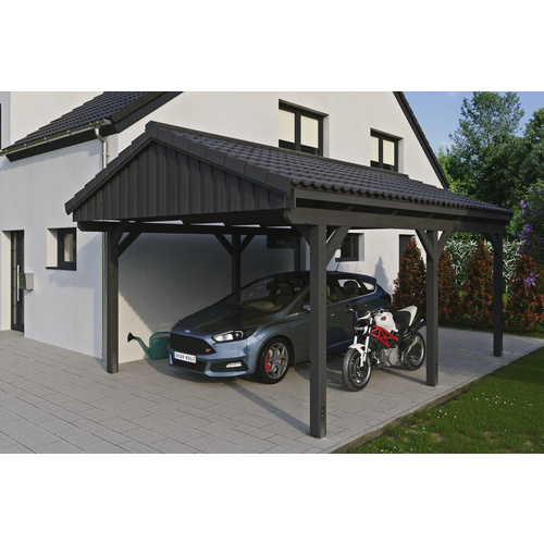 SKANHOLZ Carport »Fichtelberg«, BxT: 423 x 566 cm, Firsthöhe: 326 cm, lasiert – grau