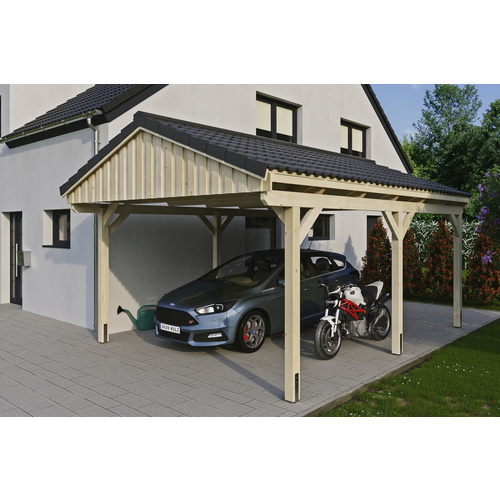 SKANHOLZ Carport »Fichtelberg«, BxT: 423 x 566 cm, Firsthöhe: 326 cm, unbehandelt – beige