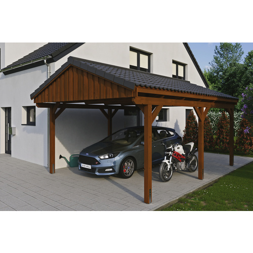 SKANHOLZ Carport »Fichtelberg«, BxT: 423 x 566 cm, Firsthöhe: 326 cm, lasiert – braun