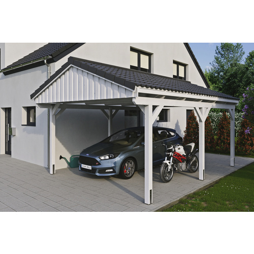 SKANHOLZ Carport »Fichtelberg«, BxT: 423 x 566 cm, Firsthöhe: 326 cm, lasiert – weiss