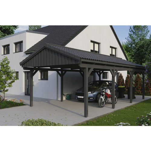 SKANHOLZ Carport »Fichtelberg«, BxT: 423 x 808 cm, Firsthöhe: 326 cm, lasiert – grau