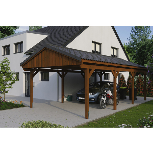 SKANHOLZ Carport »Fichtelberg«, BxT: 423 x 808 cm, Firsthöhe: 326 cm, lasiert – braun