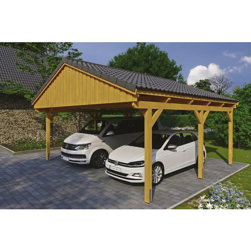 SKANHOLZ Carport »Fichtelberg«, BxT: 618 x 566 cm, Firsthöhe: 362 cm, lasiert – beige