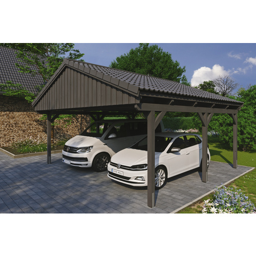 SKANHOLZ Carport »Fichtelberg«, BxT: 618 x 566 cm, Firsthöhe: 362 cm, lasiert – grau