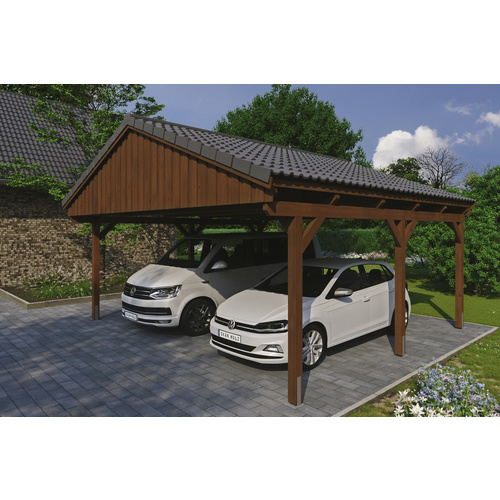 SKANHOLZ Carport »Fichtelberg«, BxT: 618 x 566 cm, Firsthöhe: 362 cm, lasiert – braun