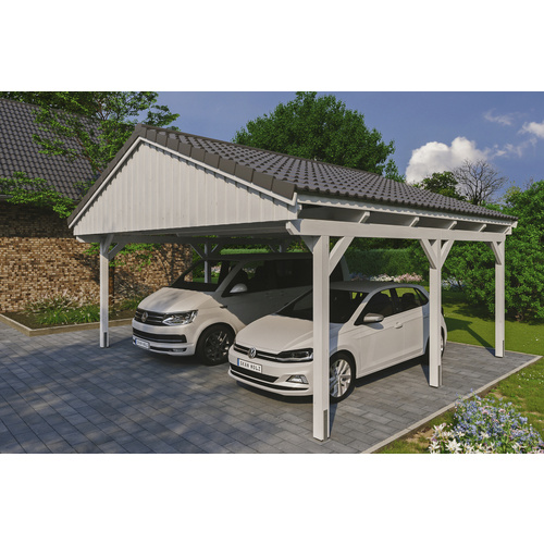 SKANHOLZ Carport »Fichtelberg«, BxT: 618 x 566 cm, Firsthöhe: 362 cm, lasiert – weiss