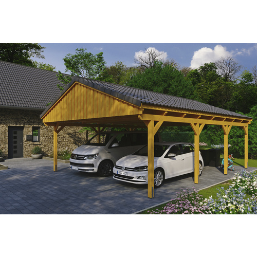 SKANHOLZ Carport »Fichtelberg«, BxT: 618 x 808 cm, Firsthöhe: 362 cm, lasiert - beige