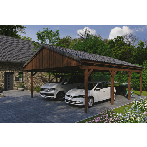 SKANHOLZ Carport »Fichtelberg«, BxT: 618 x 808 cm, Firsthöhe: 362 cm, lasiert – braun