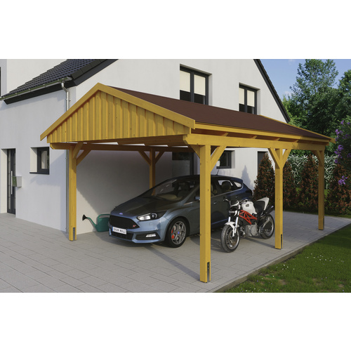 SKANHOLZ Carport »Fichtelberg«, BxT: 423 x 566 cm, Firsthöhe: 326 cm, lasiert – beige