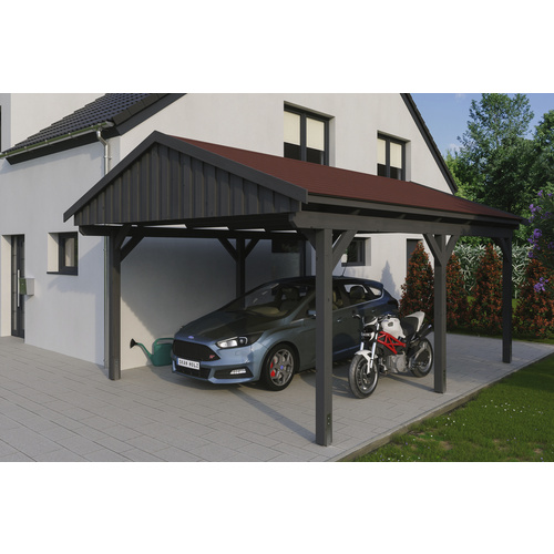 SKANHOLZ Carport »Fichtelberg«, BxT: 423 x 566 cm, Firsthöhe: 326 cm, lasiert - grau