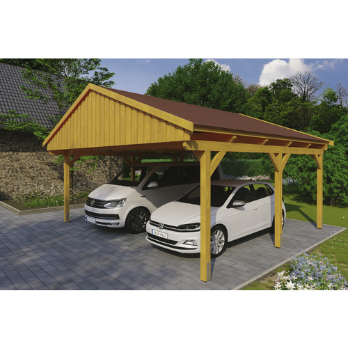 SKANHOLZ Carport »Fichtelberg«, BxT: 618 x 566 cm, Firsthöhe: 362 cm, lasiert – beige