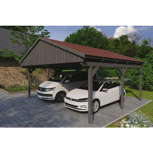 SKANHOLZ Carport »Fichtelberg«, BxT: 618 x 566 cm, Firsthöhe: 362 cm, lasiert – grau