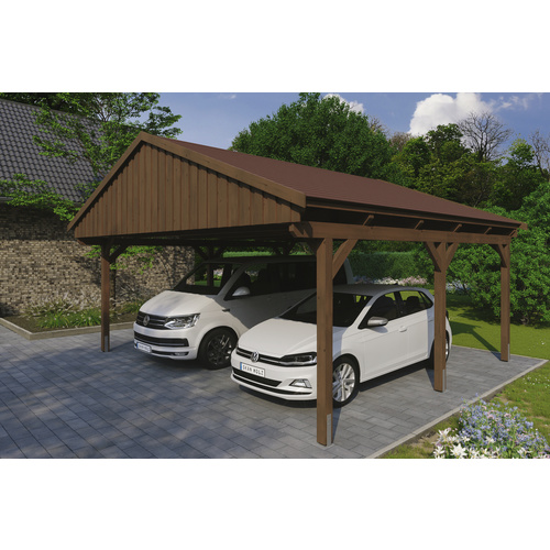 SKANHOLZ Carport »Fichtelberg«, BxT: 618 x 566 cm, Firsthöhe: 362 cm, lasiert – braun