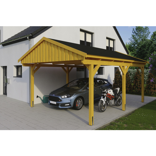 SKANHOLZ Carport »Fichtelberg«, BxT: 423 x 566 cm, Firsthöhe: 326 cm, lasiert – beige